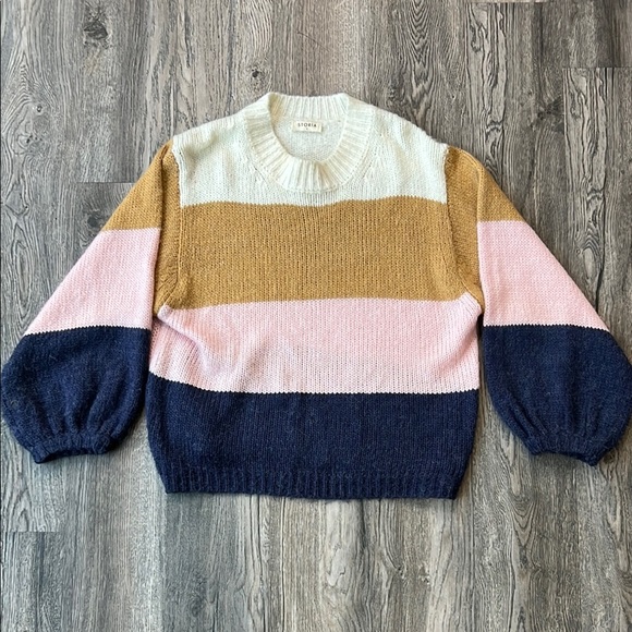 Storia Sweater Blue and Pink Striped Chunky Knit Sweater Size Small Oversized - Picture 1 of 10